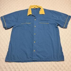 Vintage Bowling Shirt Mens Large Blue Yellow Retro Hilton shirt made in USA